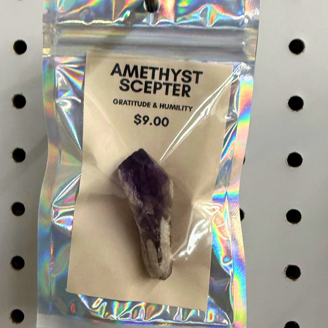 Amethyst scepter in packaging