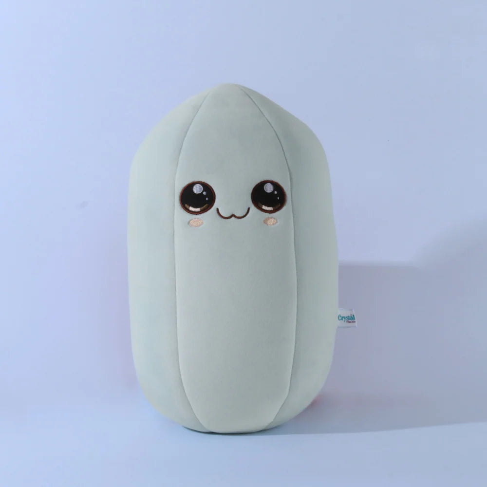 Plush toy with a cute face design on a light blue background