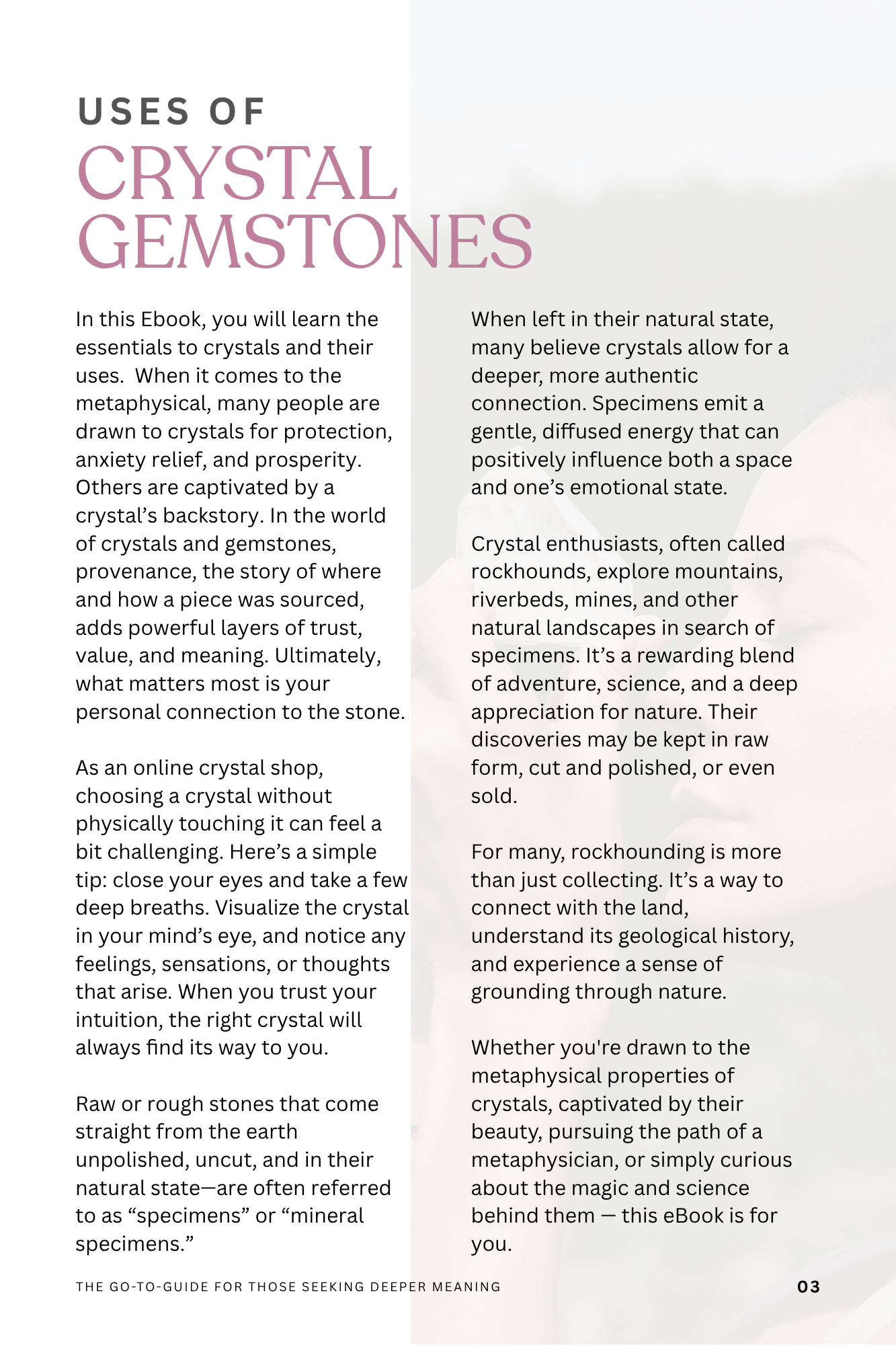 Page from a book or magazine about the uses of crystal gemstones, featuring text on crystal properties and their applications.