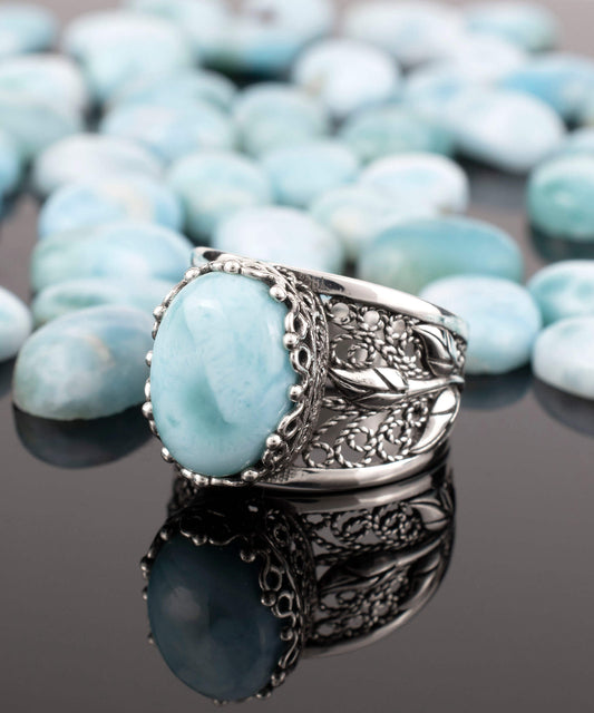 Filigree Art Larimar Gemstone Tulip Detailed Silver Women Statement