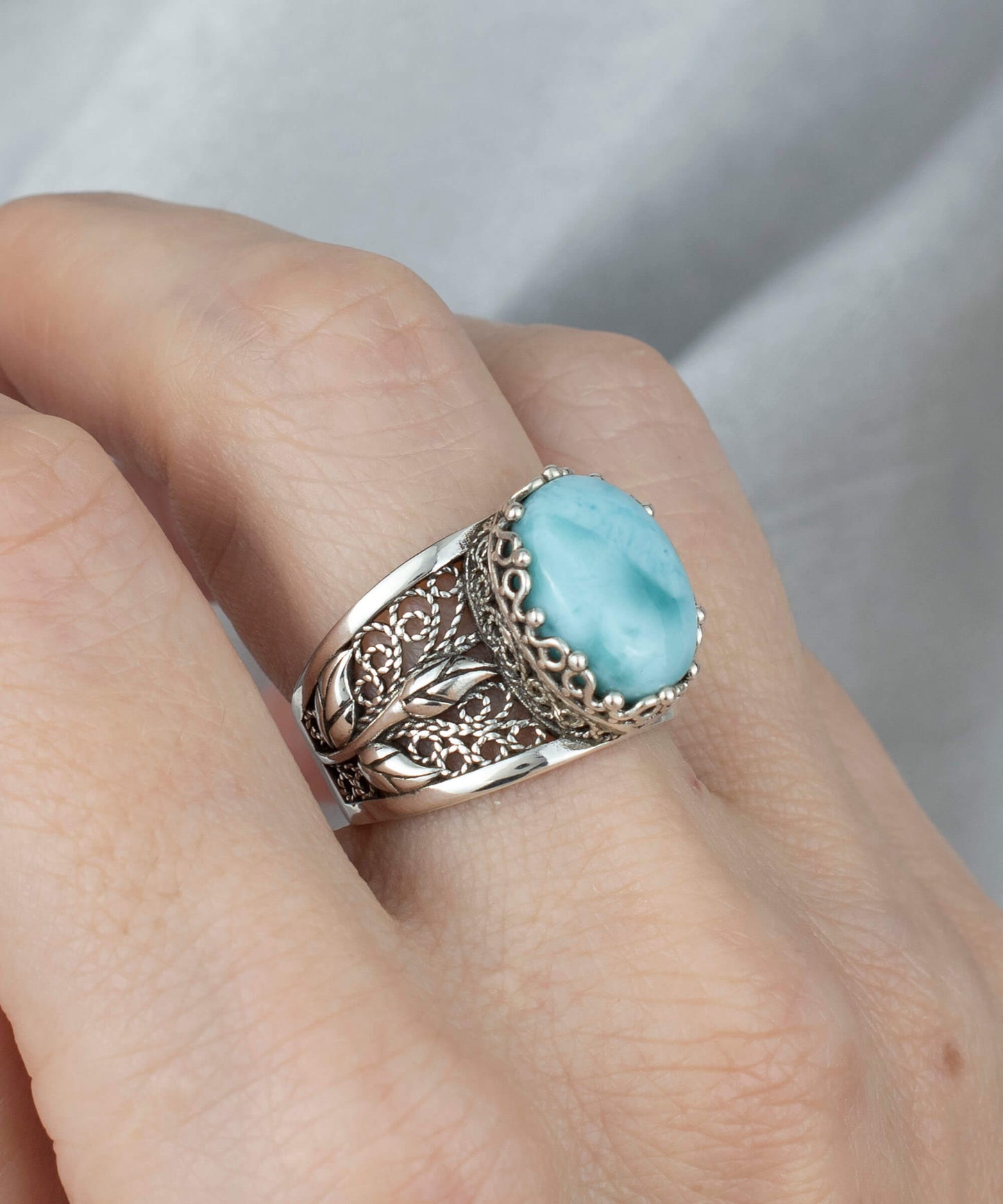 Filigree Art Larimar Gemstone Tulip Detailed Silver Women Statement
