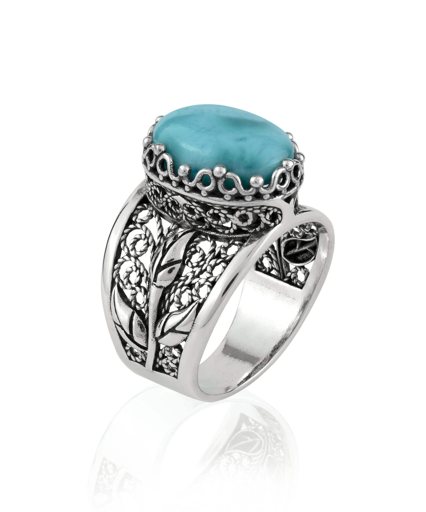 Filigree Art Larimar Gemstone Tulip Detailed Silver Women Statement