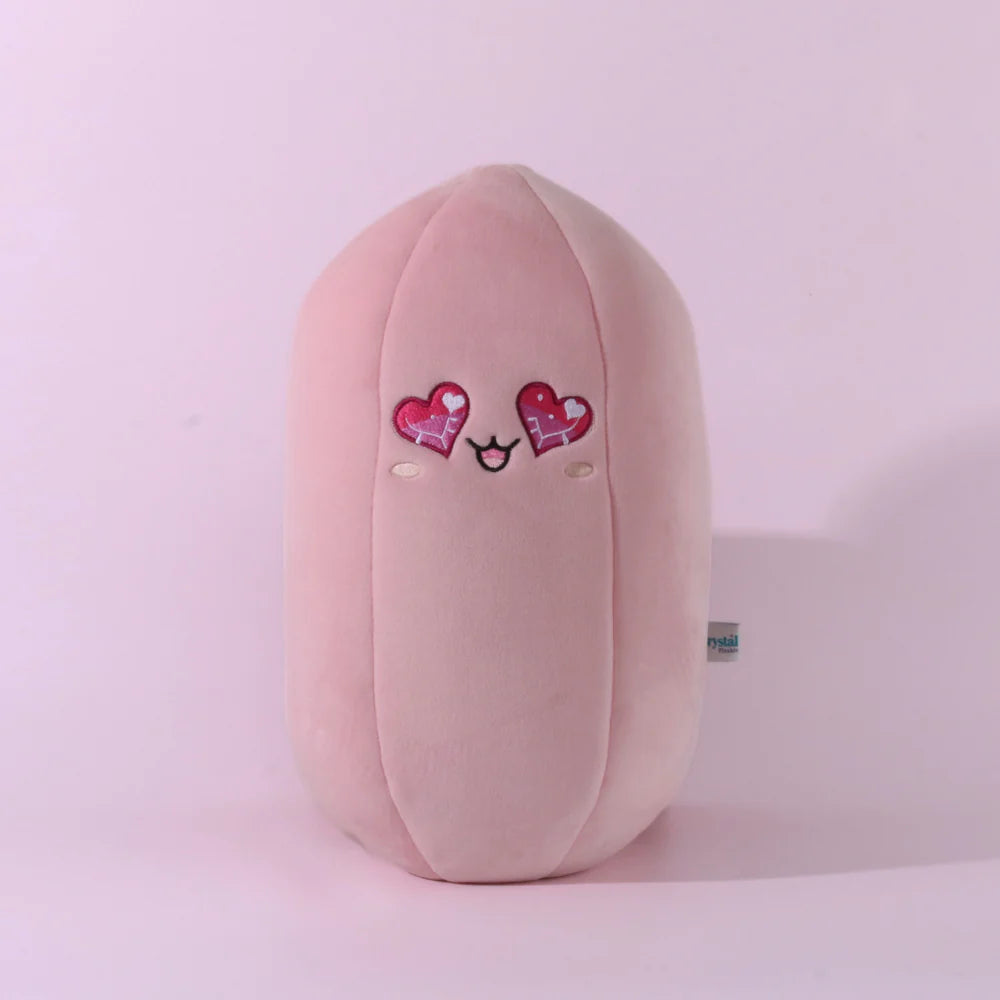 Pink cushion with heart designs on a light pink background