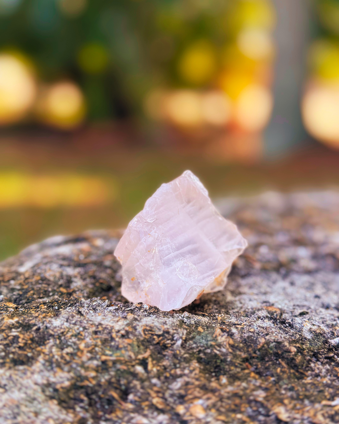 raw rose quartz sitting on a rock