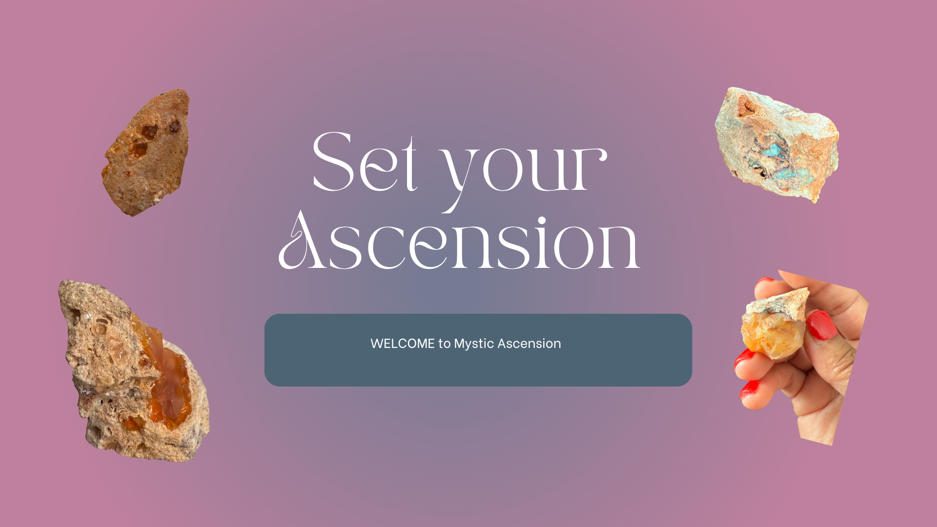 Promotional graphic for 'Set your Ascension' with crystals and a hand holding a crystal against a gradient background.