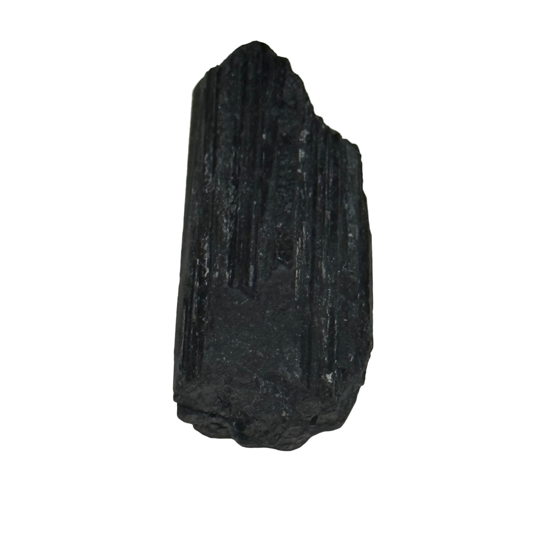 Black mineral crystal on a light white background