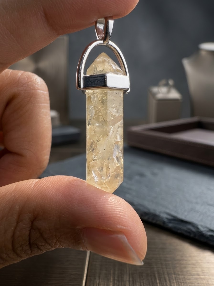 A hand holding a faceted crystal pendant with a silver bail, shown close-up against a blurred jewelry display background.