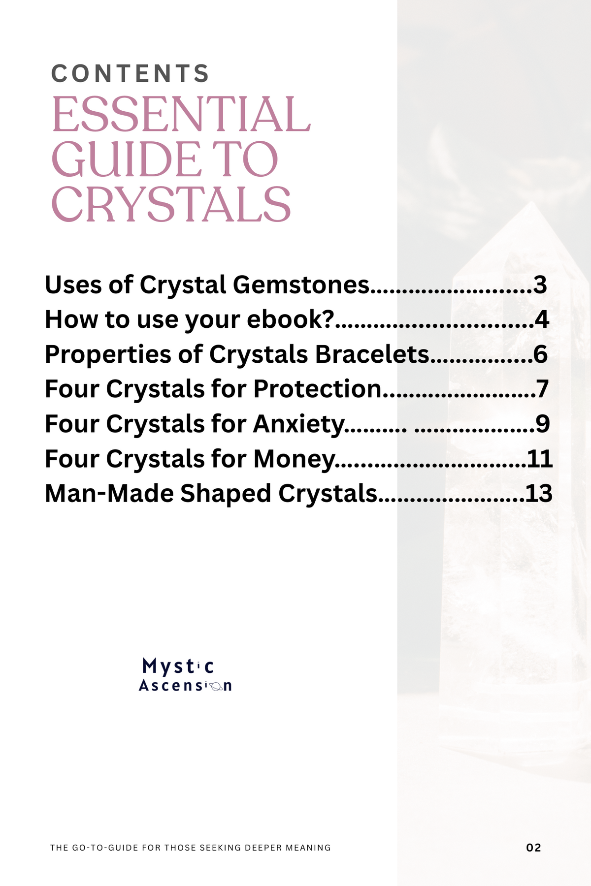 Table of contents for 'Essential Guide to Crystals' by Mystic Ascension on a white background.
