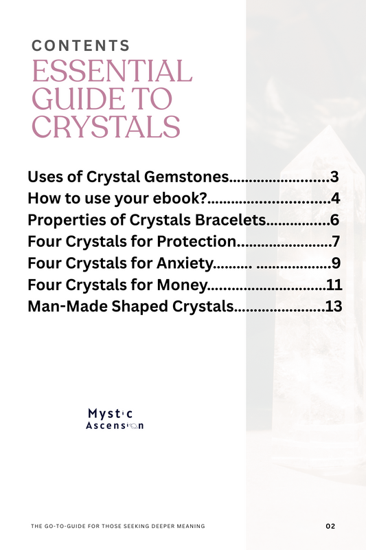 Table of contents for 'Essential Guide to Crystals' by Mystic Ascension on a white background.