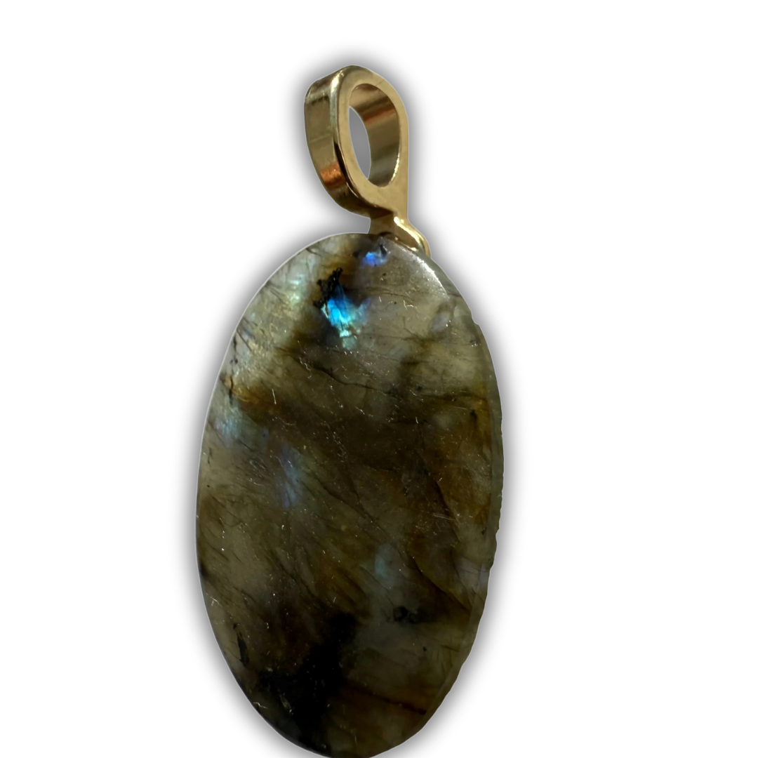 Labradorite pendant with gold setting on a white background