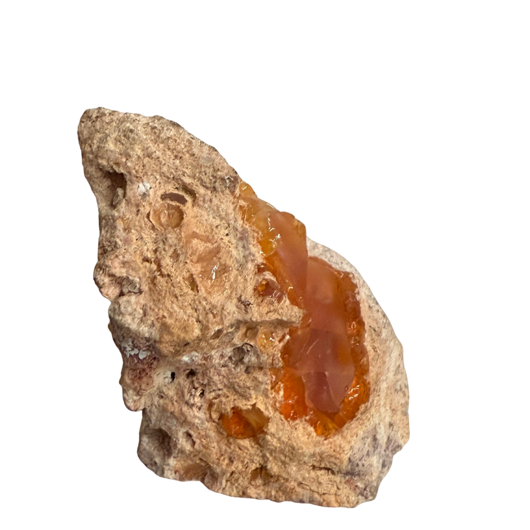Mineral sample with orange crystal inclusions on a white background