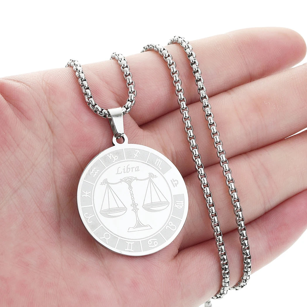 Stainless Steel Zodiac Sign Necklace For Women Men 12 Constellation