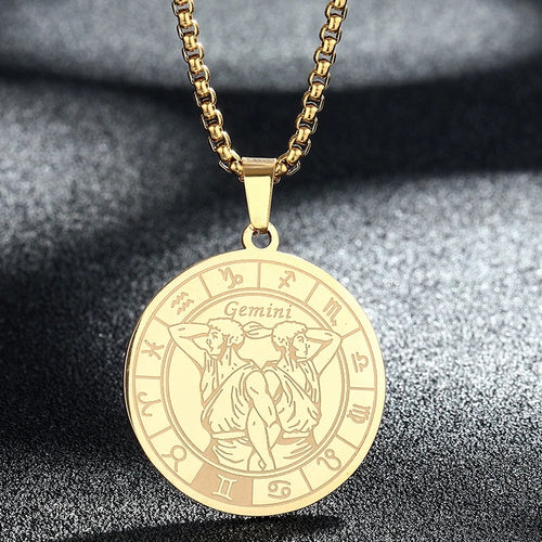 Stainless Steel Zodiac Sign Necklace For Women Men 12 Constellation