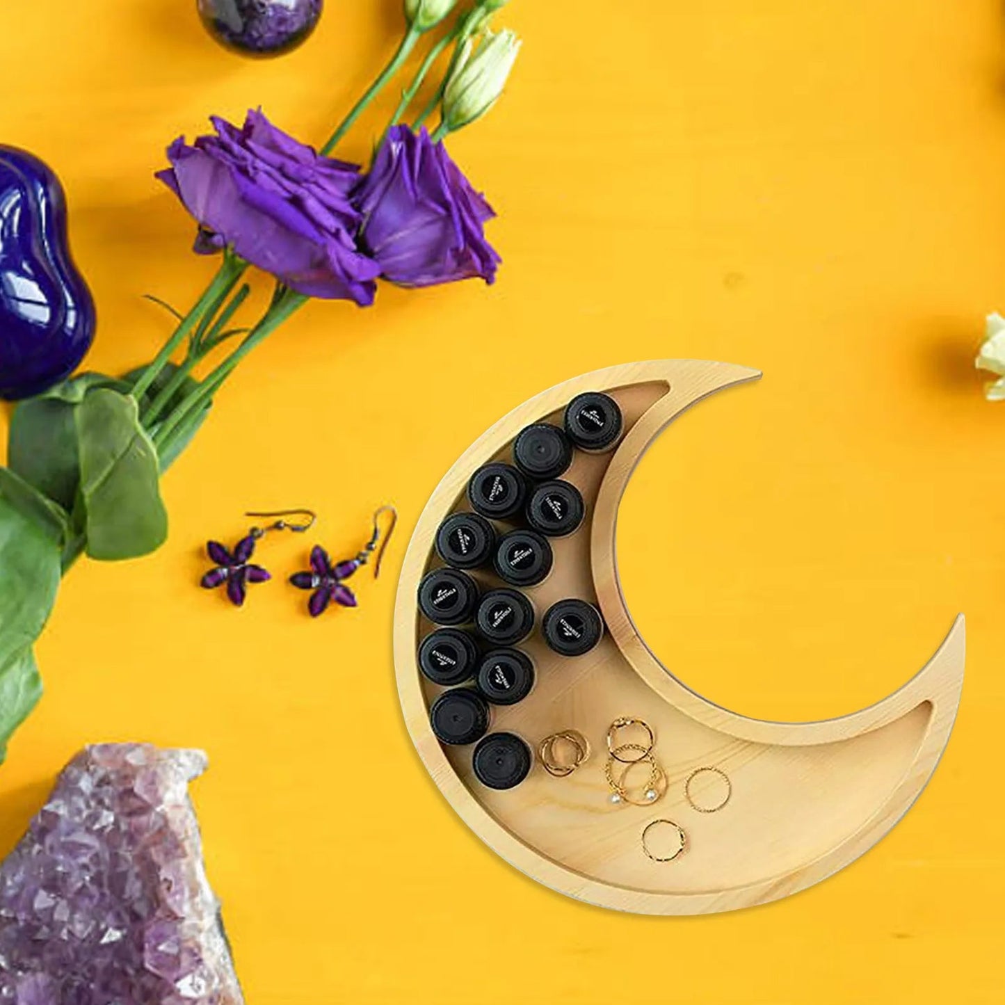 Wooden Sun & Moon Tray Decor For Crystals